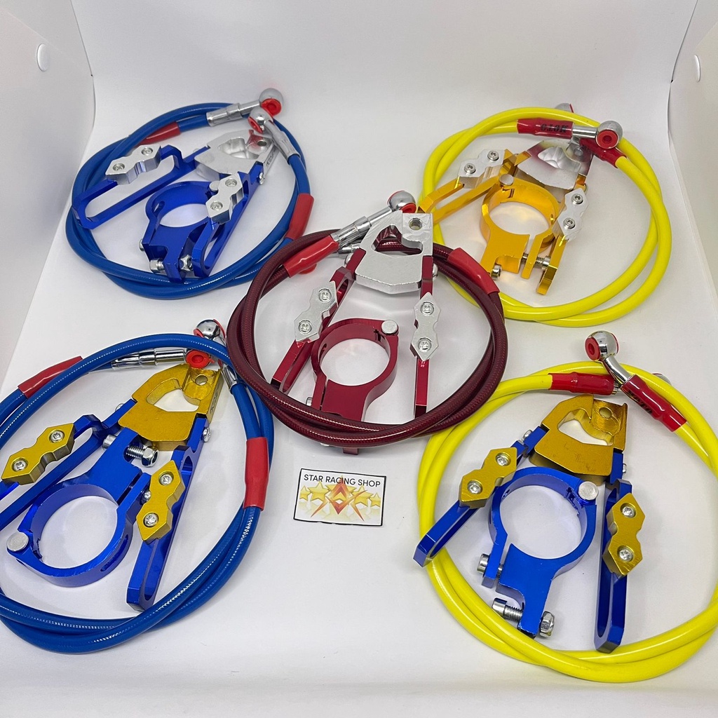 PAKET PROMO Kleman Selang Rem CNC Dan Selang Rem Depan Variasi panjang 90cm - Kuning Merah Biru