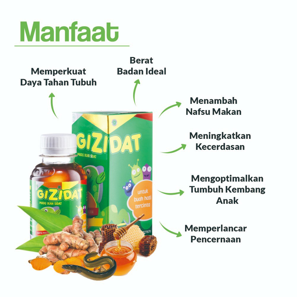 Gizidat Asli - madu penambah nafsu makan anak (madu hutan, ikan sidat, probiotik, temulawak) 130 ml