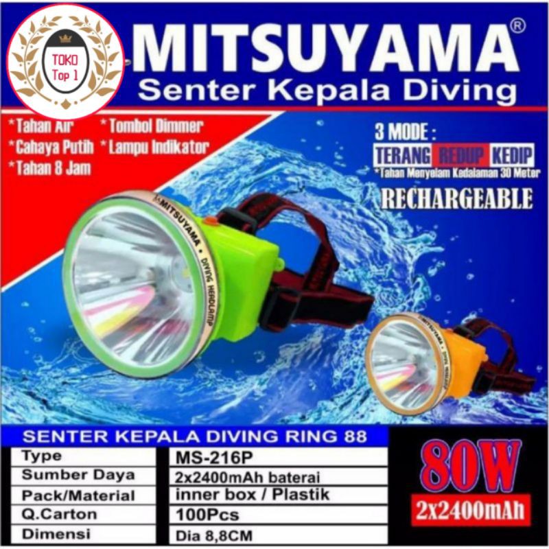 Senter Kepala Mitsuyama 80 watt MS-170P /ms-216P super terang/senter kepala anti air