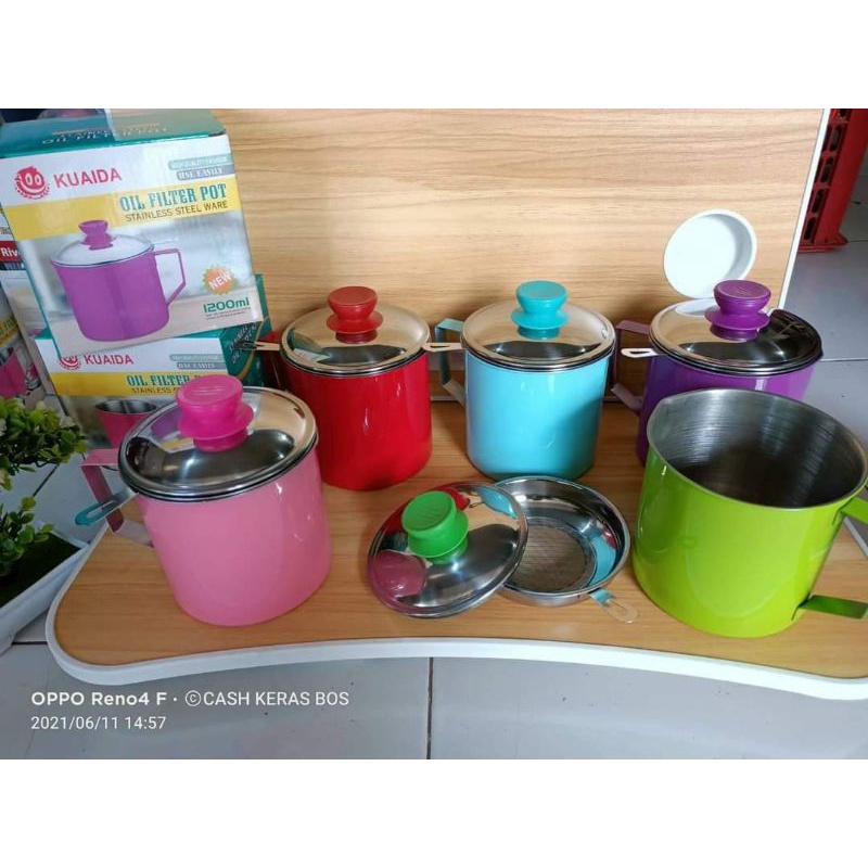 OIL POT MUG SARINGAN MINYAK STAINLESS  STEEL WARNA 1200ML KUAIDA