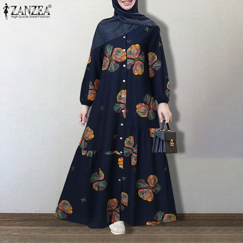 ZANZEA Gaun Maxi Panjang untuk Wanita, Dress Motif Bunga Retro Berkancing Bawah Lengan Panjang