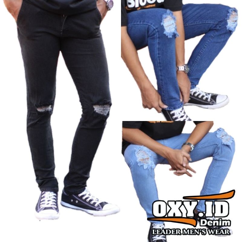 Celana Jeans Hitam Pekat Bahan Tebal Stretch Mulur Elastis Model Pensil sobek ripped  Skinny