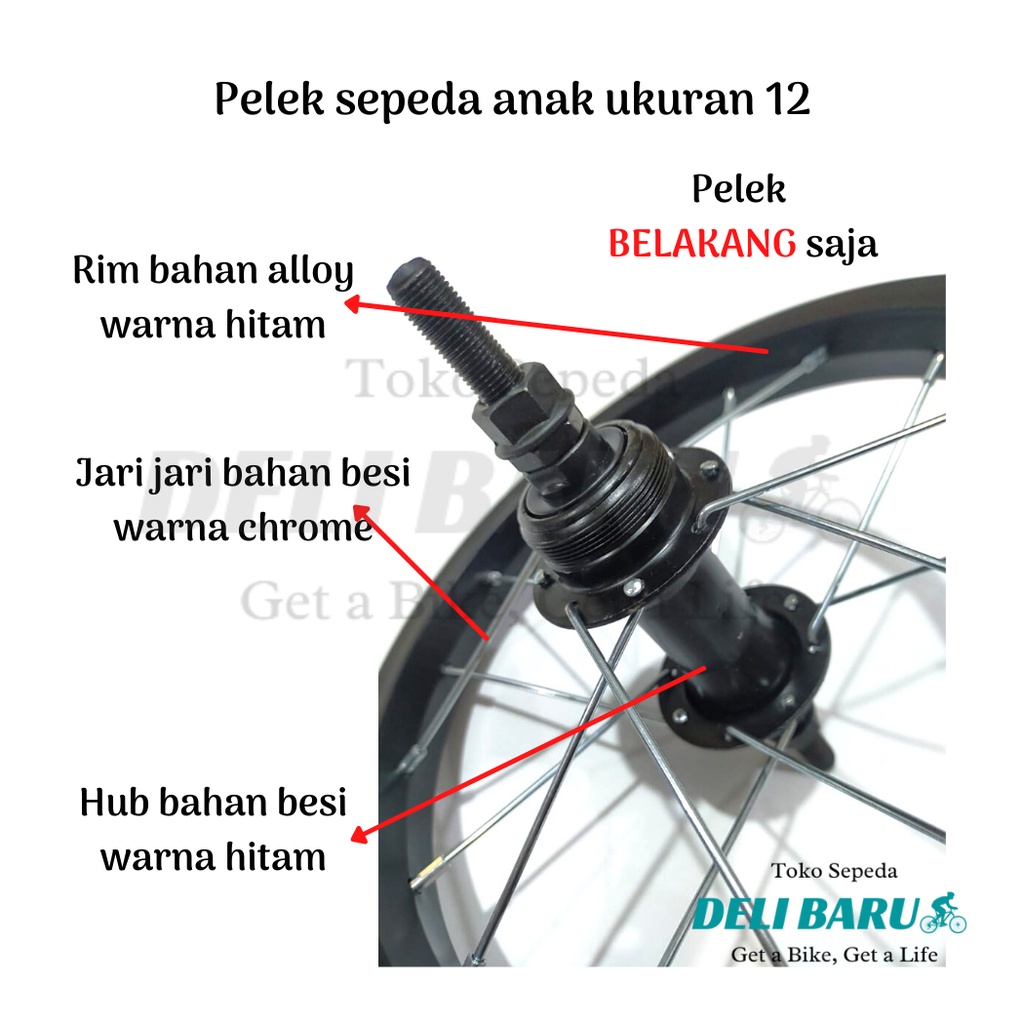 Pelek jadi Wheelset depan atau belakang ukuran 12 Velg Alloy hitam sepeda anak