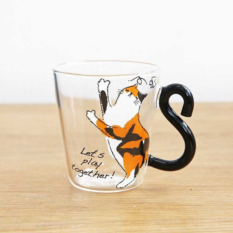 Gelas Kaca Unik Bening Gagang / Gelas Kopi / Mug Kopi Transparan / Gelas Susu / Cangkir Teh / Jus GOOD MORNING 350 ml / Gelas Kaca-KITTY ORANGE 250 ML