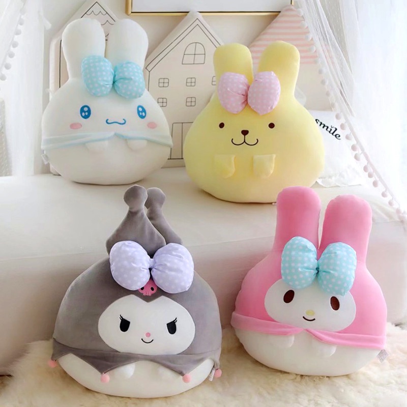 Bantal boneka cartoon melody kuromi cinanmoroll purin pakai pita polka bahan plush