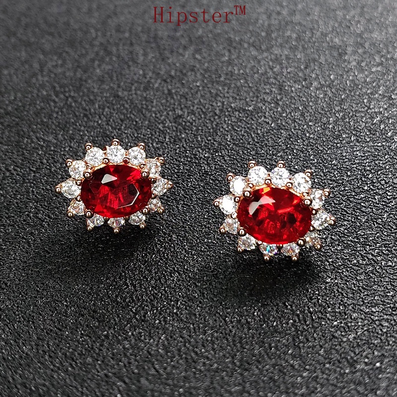 Fashion Personality Affordable Luxury Full Diamond SUNFLOWER Red Crystal Colored Gems Earrings