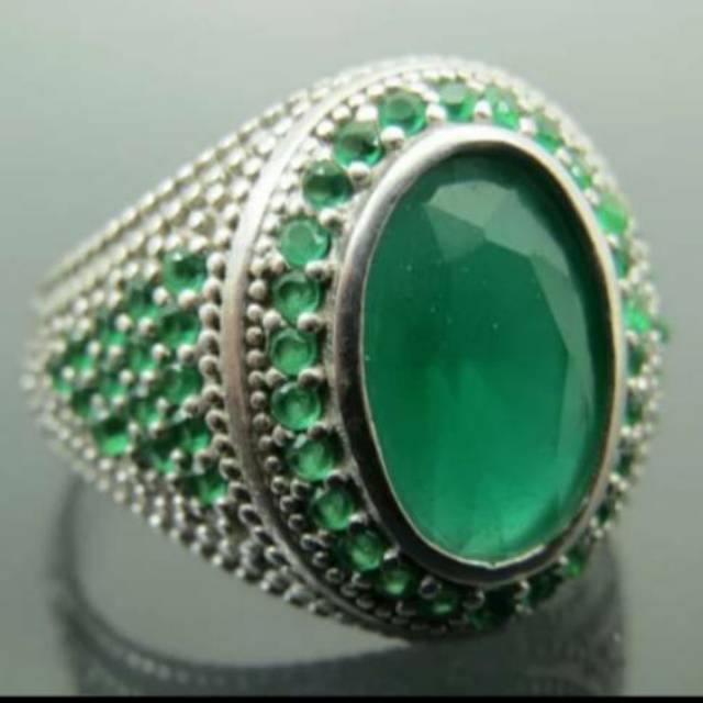 Cincin Pria Turky Handmade  Real Perak 925  Emerald Stone Sz.8.5