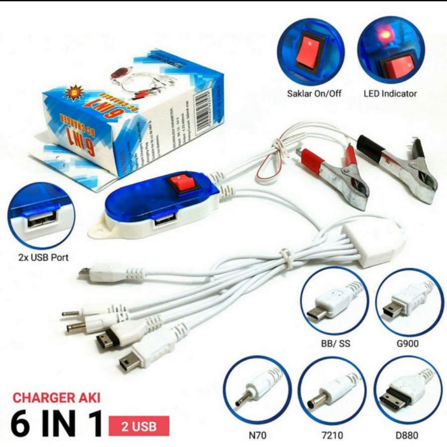 CHARGER AKI MOTOR 6 IN 1 2 USB ON OFF CHARGER HP 6in1 2USB