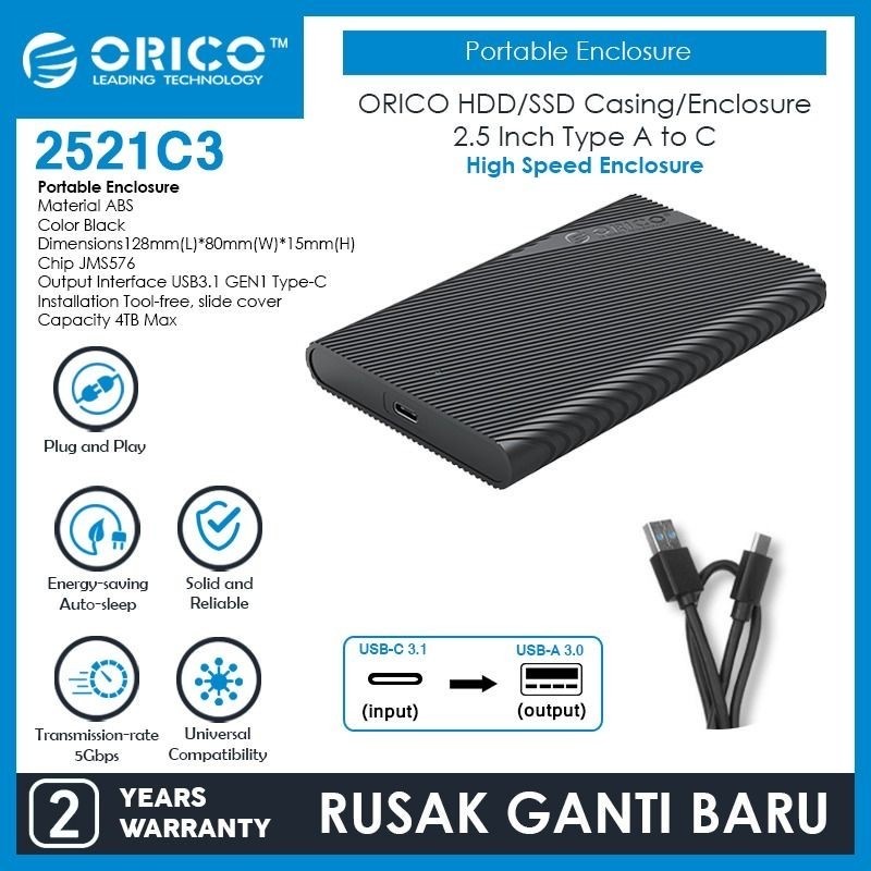 ORICO SSD / HDD ENCLOSURE 2.5&quot; USB type A to C CASING EXTERNAL 2521C3