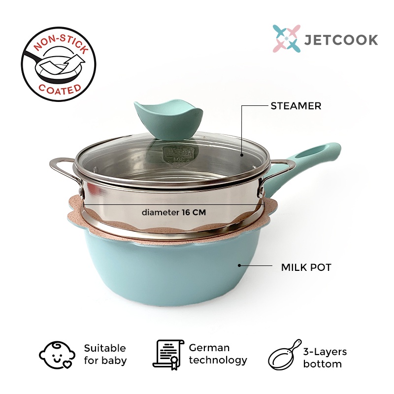 JetCook Baby Cookware Milk Pan dan Steamer 16 cm - Panci dan Kukusan untuk Bayi - Biru Muda