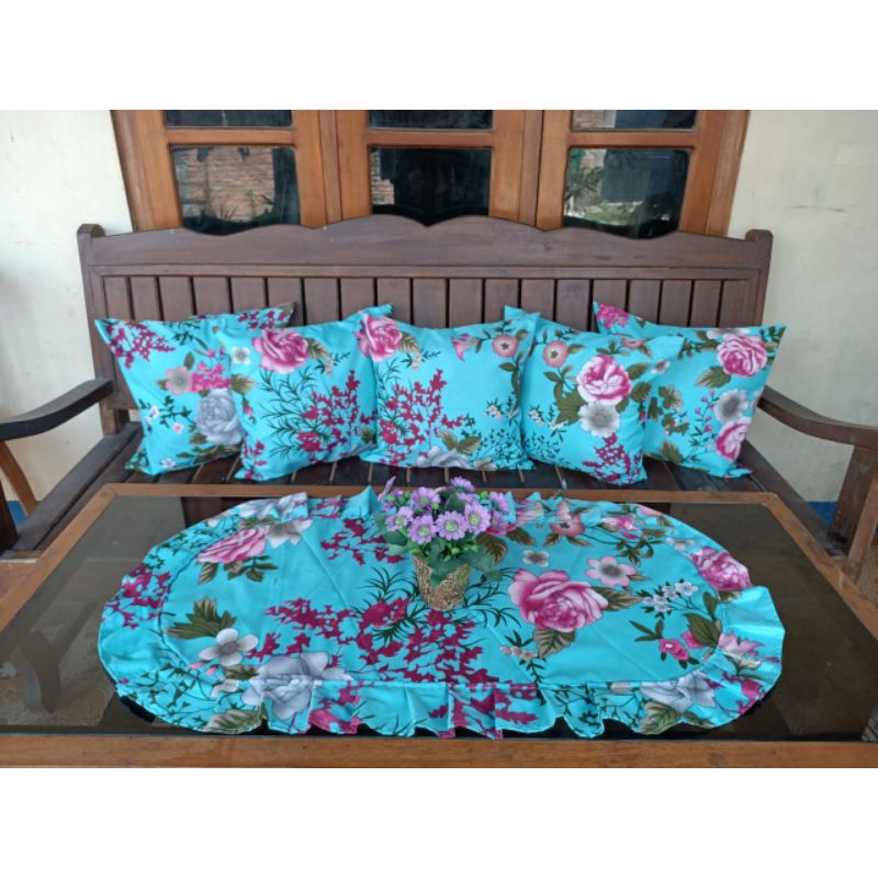 Sofa set sarung bantal Sofa dan Taplak meja motif Bunga Biru