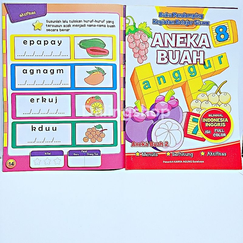 Dalingshop Buku Bilingual Indonesia Inggris Full Color Buku Mewarnai Menulis Berhitung Aktifitas-Aneka Buah