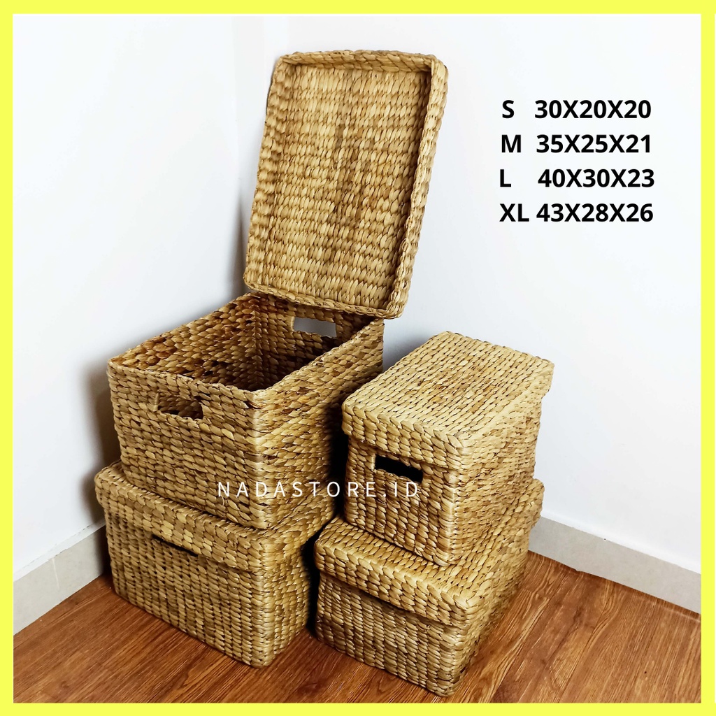 Natural Woven Hyacinth Storage Organizer Basket With Cover / box tutup / keranjang anyaman enceng