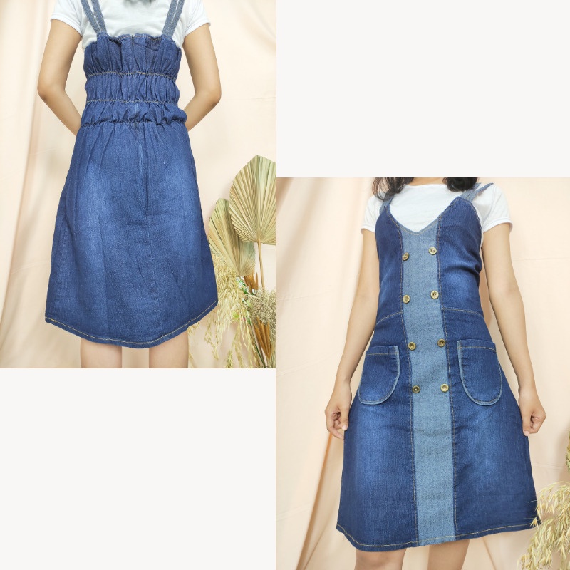 SB Collection Overall Dress Midi Dinni Pendek Jeans Jumpsuit Wanita Biru Tua dan Muda