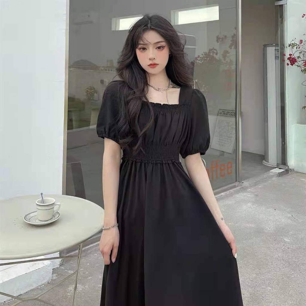 Dress lengan pendek leher persegi gelembung panjang retro baru