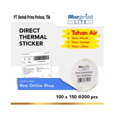 Direct Thermal Sticker barcode resi Label blueprint Lite 100x150 mm 1 line 200pcs roll perforasi Gap 3mm