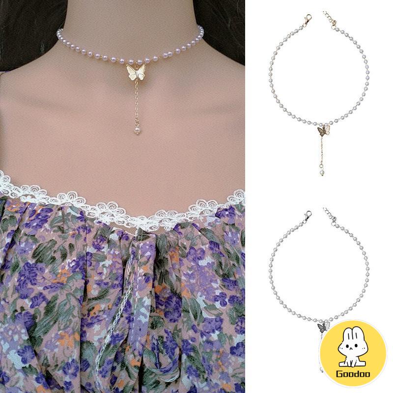 Retro Butterfly Pearl Kalung Lembut Gadis Kecil Cinta Liontin Kalung Rantai Klavikula -Doo