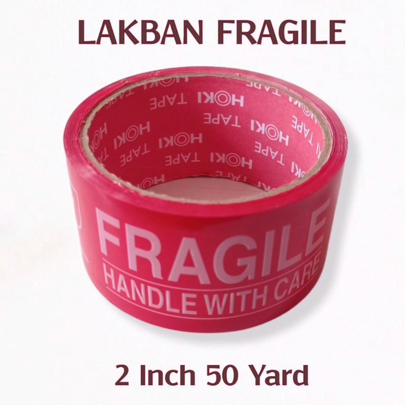 Lakban Fragile MERAH 2 Inch 50 Yard - Isolasi Besar Solasi Anti Pecah Belah Stiker Jangan Dibanting Hoki Tape