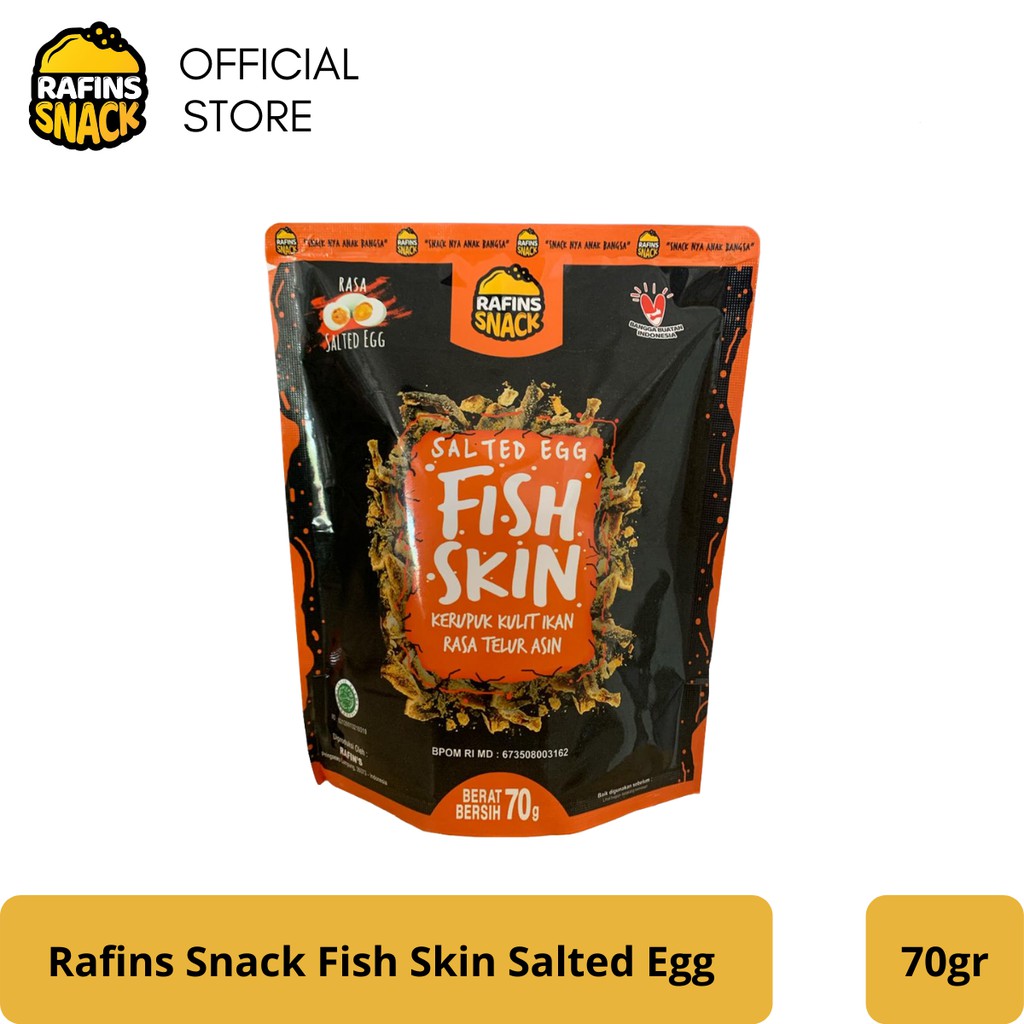 

Rafins Snack Cemilan FISH SKIN SALTED EGG 70gr ORIGINAL Keripik Kulit Ikan Patin Jajanan Makanan Ringan Snacks Lauk Kerupuk Rasa Telur Asin Pedas Original Kering