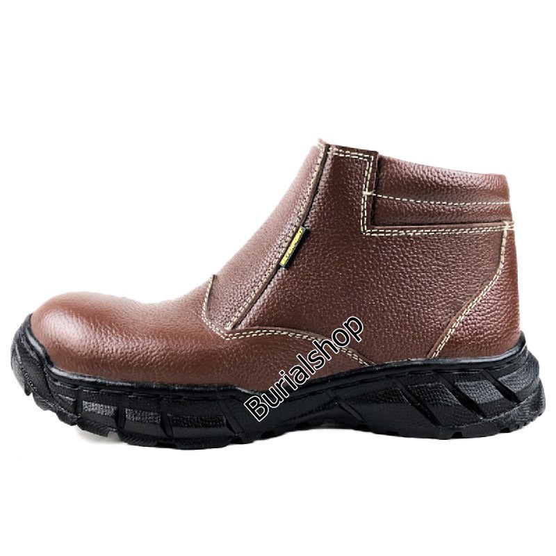 Sepatu Safety Pria Kulit Sapi Asli Original Ujung Besi Baja Safty Shoes Septi Proyek Sefty Lapangan Industry Tanpa Tali Slop Selop Spatu Kitchen Zipper Boots BS