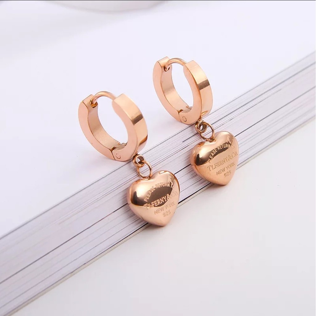 Anting Titanium Juntai Bentuk Hati Tersedia Warna Rosegold, Gold dan Silver