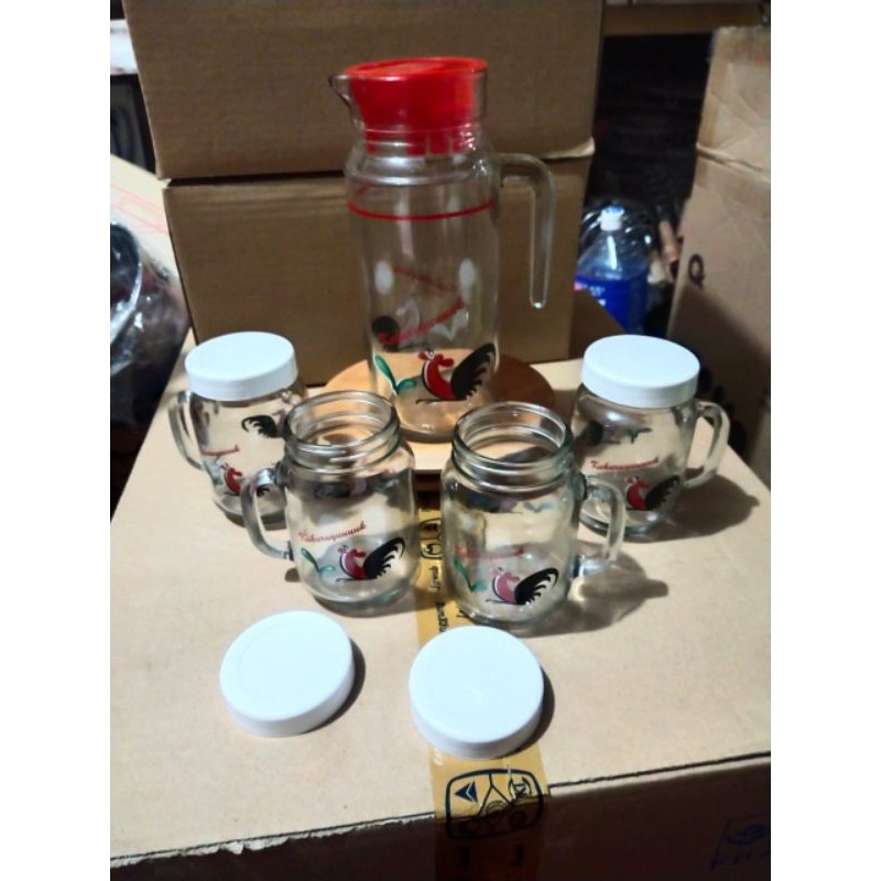 Set teko kaca + 4 mug motif ayam jago