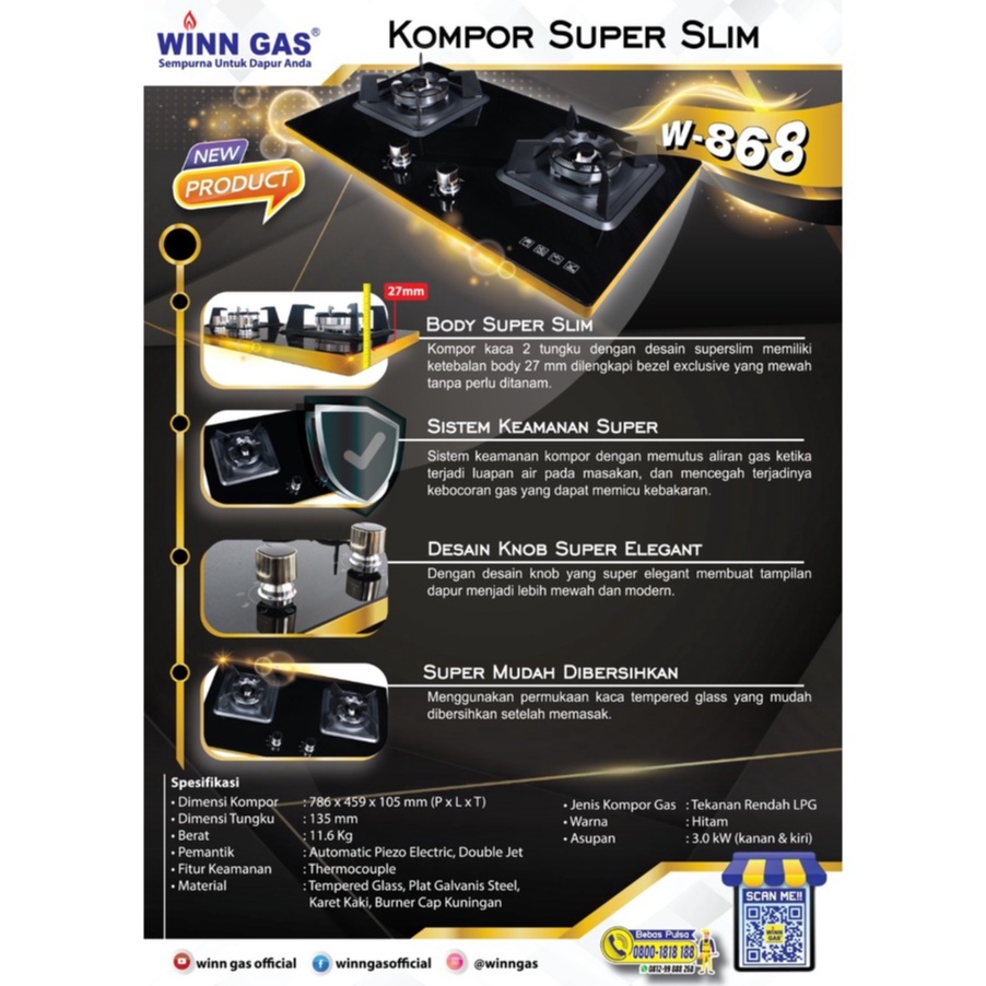 WINN GAS Kompor 2 Tungku Semi Tanam Super Slim W 868 / W868 / W-868