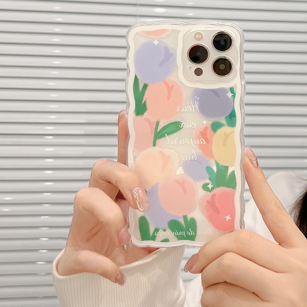 IPHONE Ins Fashion Bunga Tulip Warna-Warni Berbentuk Gelombang Perlindungan Penuh Casing Ponsel Cover Untuk Iphone7 8 PLUS X XR XS 11 12 13 14 MINI PRO MAX SE 2020