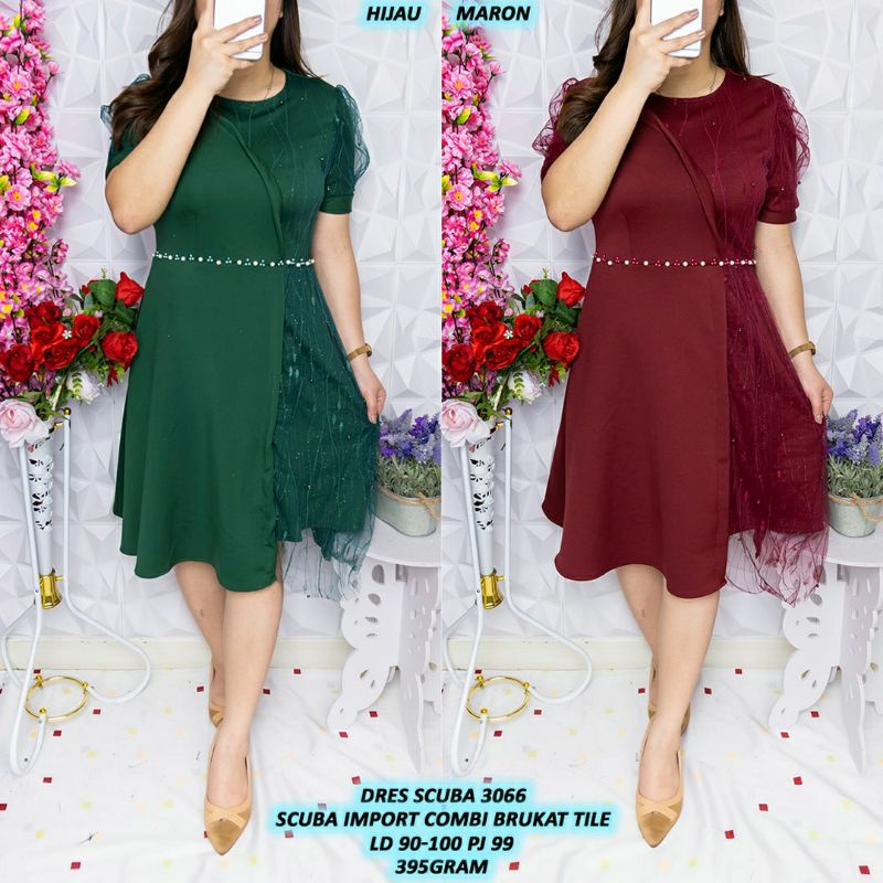 DRESS WANITA KECE, DRESS WANITA MURAH, DRESS KOMBINASI SCUBA DAN TILE, IMPORT