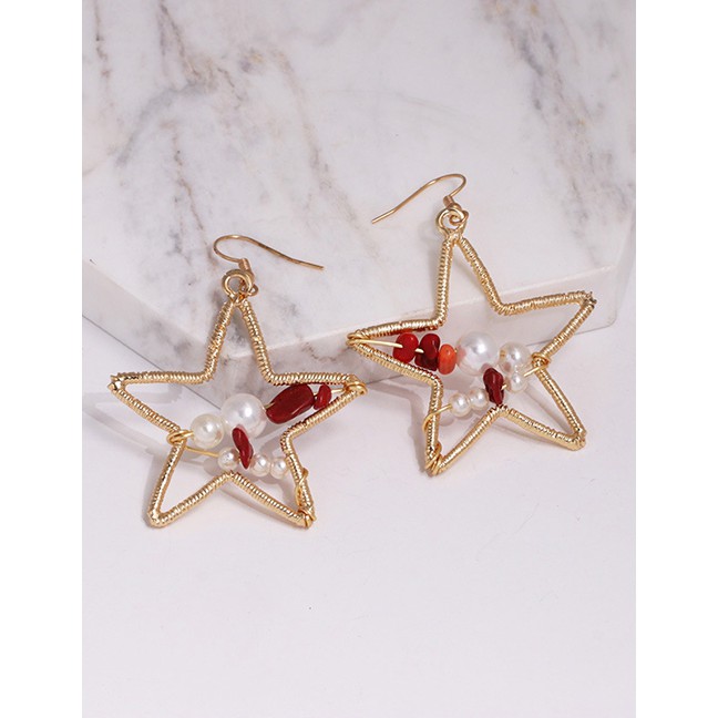 LRC Anting Gantung Fashion Gold Pentagram With Pearl Stud Earrings F49742