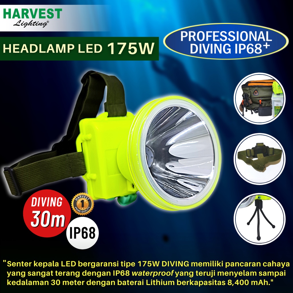 175W Headlamp HARVEST LIGHTING Senter Kepala LED Professional DIVING IP68 8400 MAH Lampu Emergency Selam Spearfishing Travel Hunting Rechargeable  Original Bergaransi