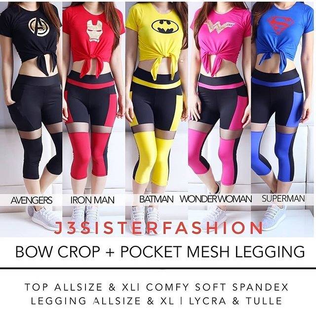  Baju  setelan senam  superhero crop bow pocket baju  senam  