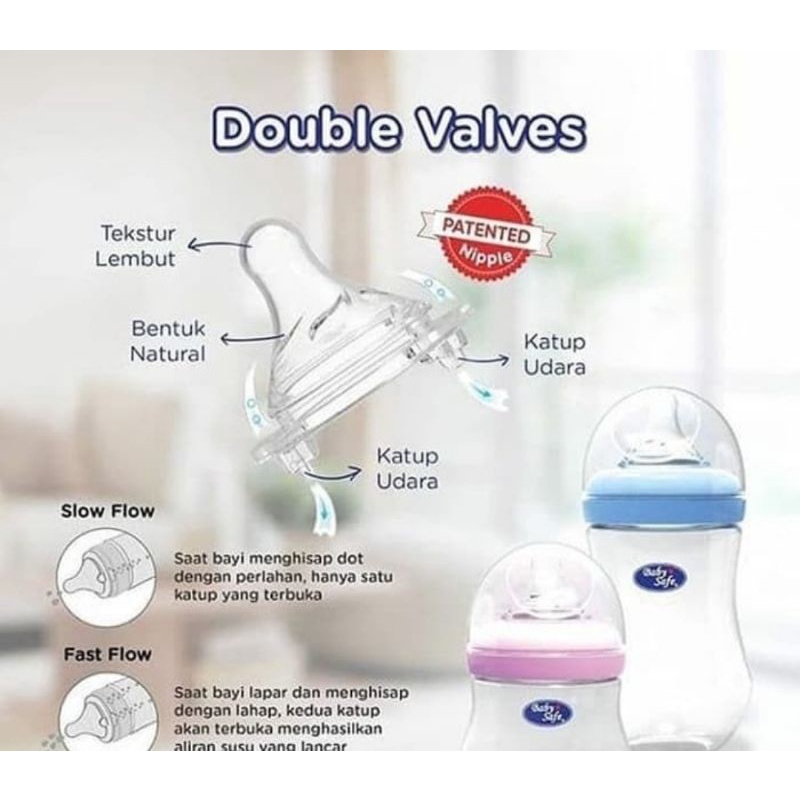 Baby Safe Double Valves Nipple Wide Neck Bottle/Dot Botol Susu