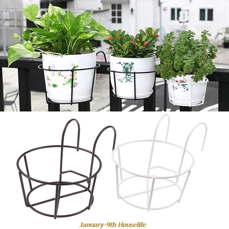 [Home Garden Balcony High Quality Basket Iron Railing Fence Hanging Flower Pot Holder] [ Over The Rail Fence Round  Hanging Planter Baskets] [Plant Pots Stand]