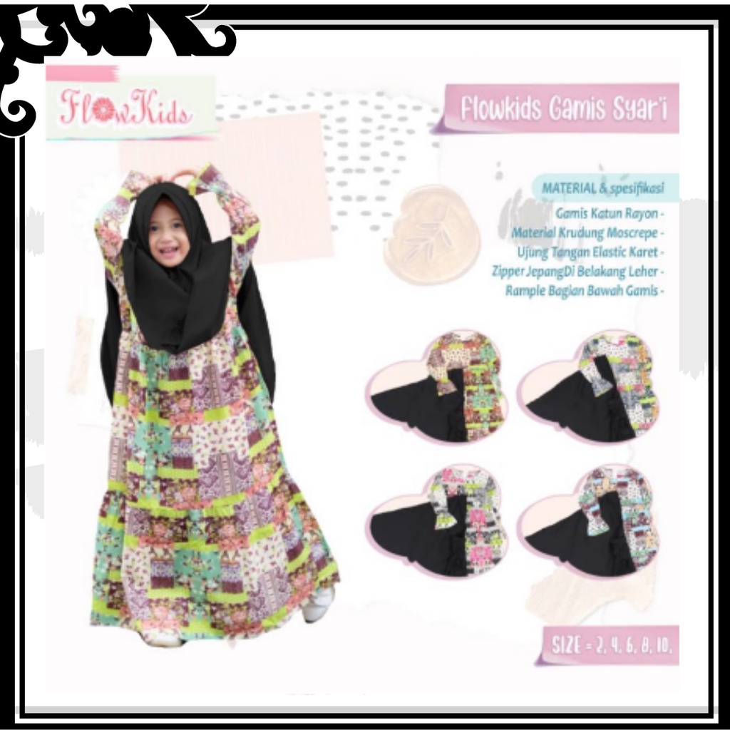Gamis Syari Anak Perempuan FLOWKIDS bahan Rayon Premium Termasuk Hijab Kerudung KBK-G6