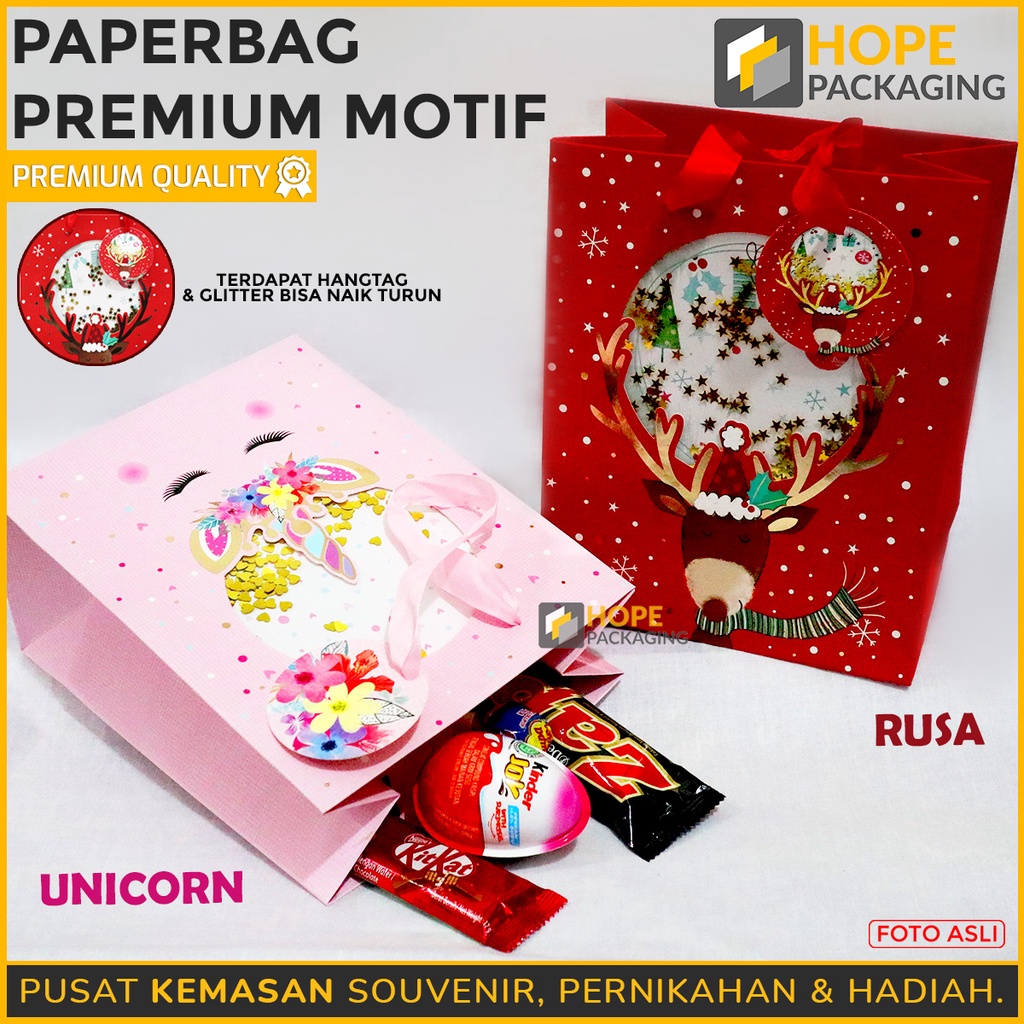 Paper Bag Premium Motif Unicorn / Rusa ukuran 23 x 18 x 10 cm cocok  Lebaran / idul fitri  / Hampers Tahun Baru