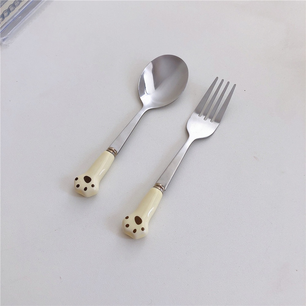 【COD Tangding】Stainless Steel Cartoon Ceramic Handle Cat Claw INS Simple Breakfast Spoon Dessert Cake Fruit Spoon Fork