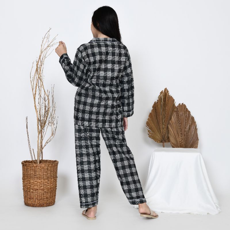 Baju Tidur Piyama Wanita/Cewek Pajamas Dewasa Katun Motif Kotak Kerlita PP Lengan Panjang Kekinian