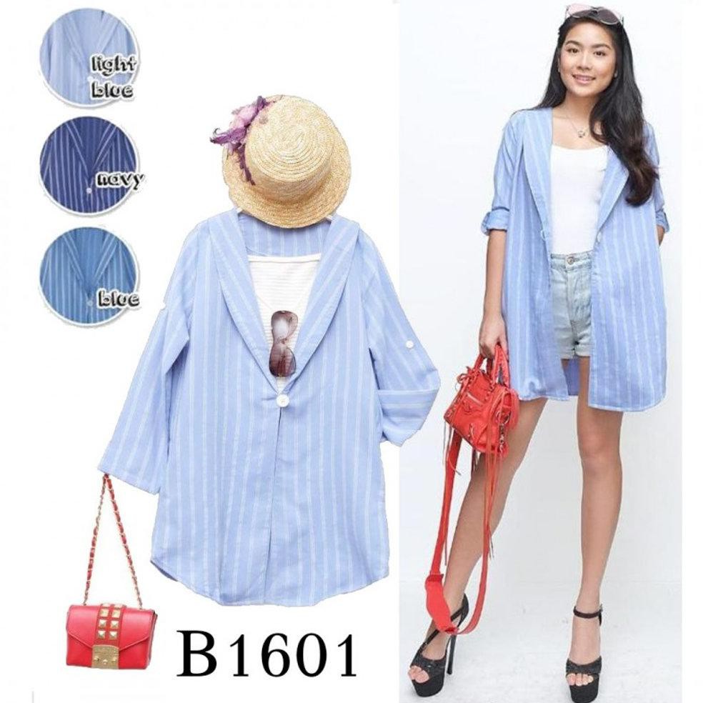 PREMIUM BLAZER GARIS2 WANITA OUTER CASUAL CEWEK JEANS WASH - B1601 PREMIUM