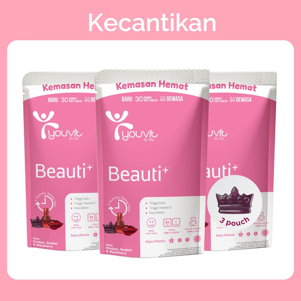 YOUVIT Beauti+ 3 Pouch Kolin, Biotin & Vitamin E (Paket 3 Bulan)