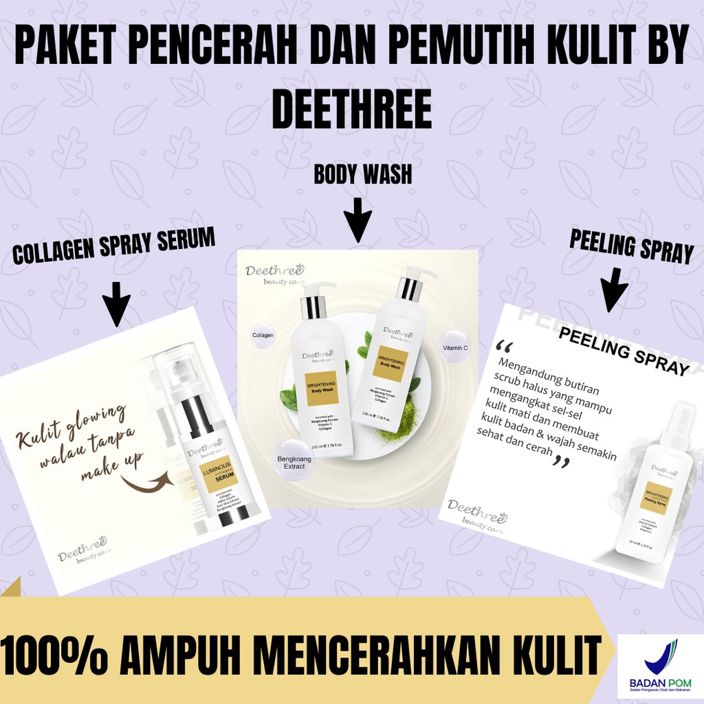 PAKET SABUN SHERUM PEELING PENCERAH BADAN PEMUTIH BADAN BPOM BY DEETHREE  ORIGINAL CEWEK WANITA