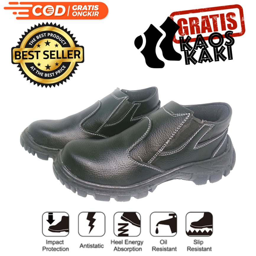 SEPATU SAFETY SEPTI KING KICKERS GREGOR CATERPILLAR KULIT PU SINTETIS ASLI UJUNG BESI BENGKEL KONTRAKTOR TAMBANG PABRIK MURAH BONUS KAOS KAKI