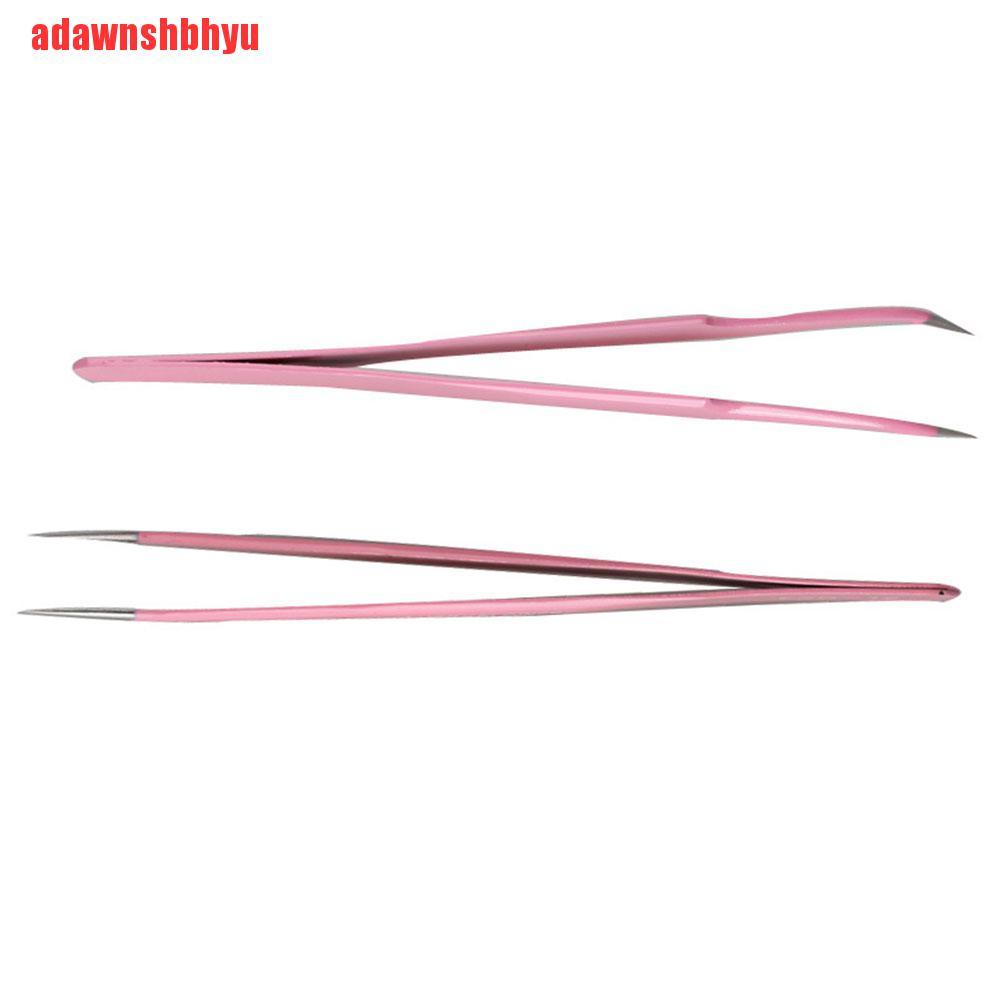 2pcs Pinset Lurus Dan Bengkok Bahan Baja Warna Pink Untuk Ekstensi Bulu Mata