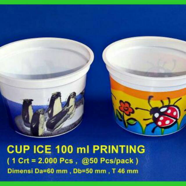 Kaloona.Shop Cup 100 Ml Printing Plastik Dan Paper Plus Tutup Dan Sendok