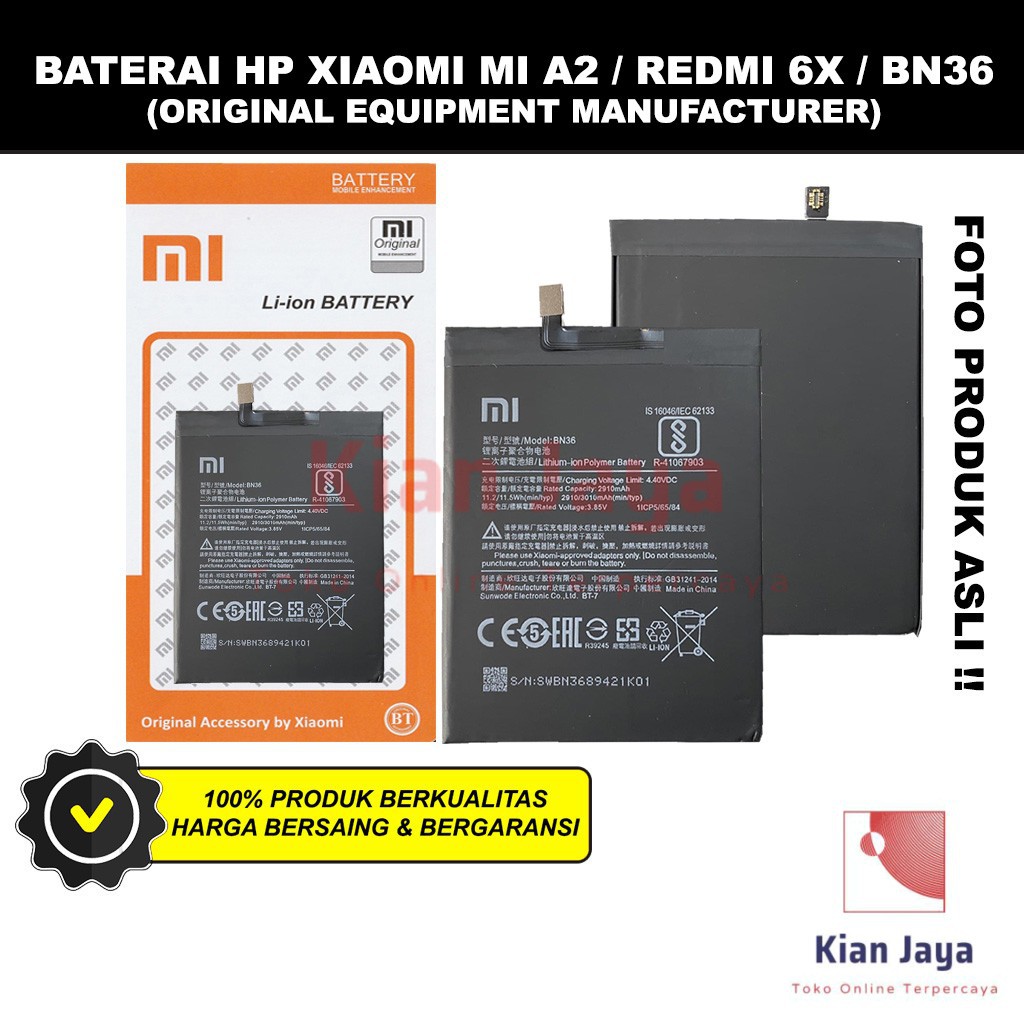 Baterai Xiaomi Mi A2 / Redmi 6X / MiA2 BN36 Batre Batrai Battery Hp Xiao Mi BN 36 Ori