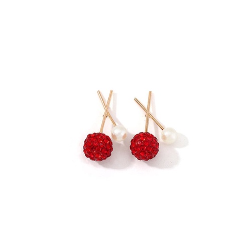 LRC Anting Tusuk Fashion Red Ball And Diamond Cross Earrings With Pearl Alloy K01100