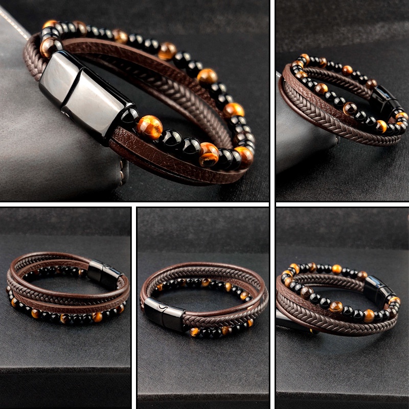 Fashion Trend Men's Vintage Leather with Tiger Eye Stone 4 Layer Bracelet Business Simple Style Accessories Special Gift