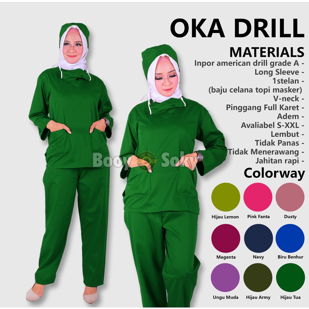 Baju Jaga Ok Oka Perawat Medis Lengan Panjang Dinas Kesehatan Malam | Baju Ok Murah Berkualitas American Drill | Set Scrub Dokter Kerah V-Hijau Tua