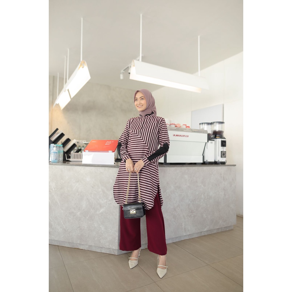 Setelan Celana Wanita Terbaru Motif Garis Tunik Dan Celana Hanifa