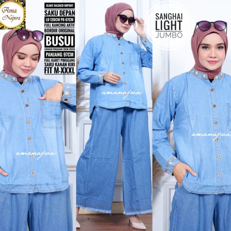 Sanghai Jumbo Set By AMA NAJWA • Setelan Jeans Wanita • Atasan Blouse Kemeja Tunik Kulot Celana Panj